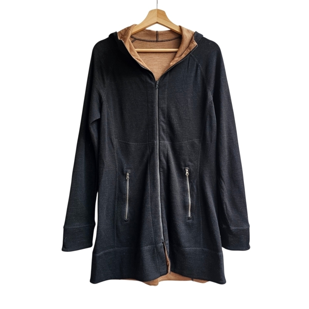 Vintage Ibex Dyad Merino Wool Reversible Hooded Full-Zip Jacket Black Camel S